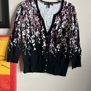 White House Black Market Black and Purple Floral Cardigan